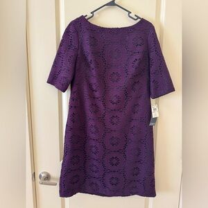 Adrianna Papell Deep Purple Knit Crochet Overlay Dress